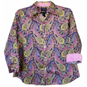 CHAPS  sz PL 100% Cotton Pink Green Blue Paisley 3/4 Blouse Contrast Gingham